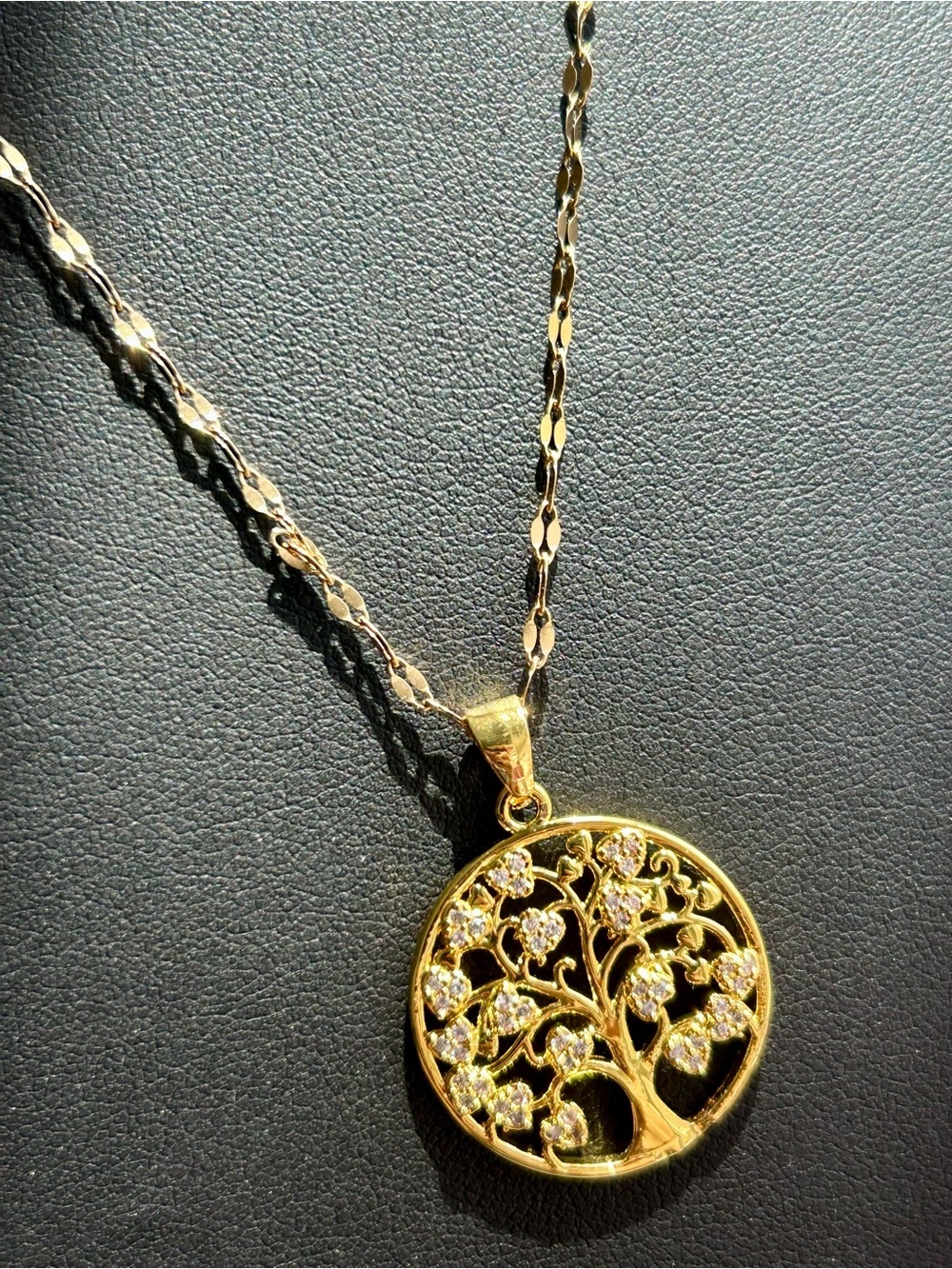 Sparkly Tree of Life Pendant Necklace, Clear Crystals, Wave Chain, Gold, 16+ in